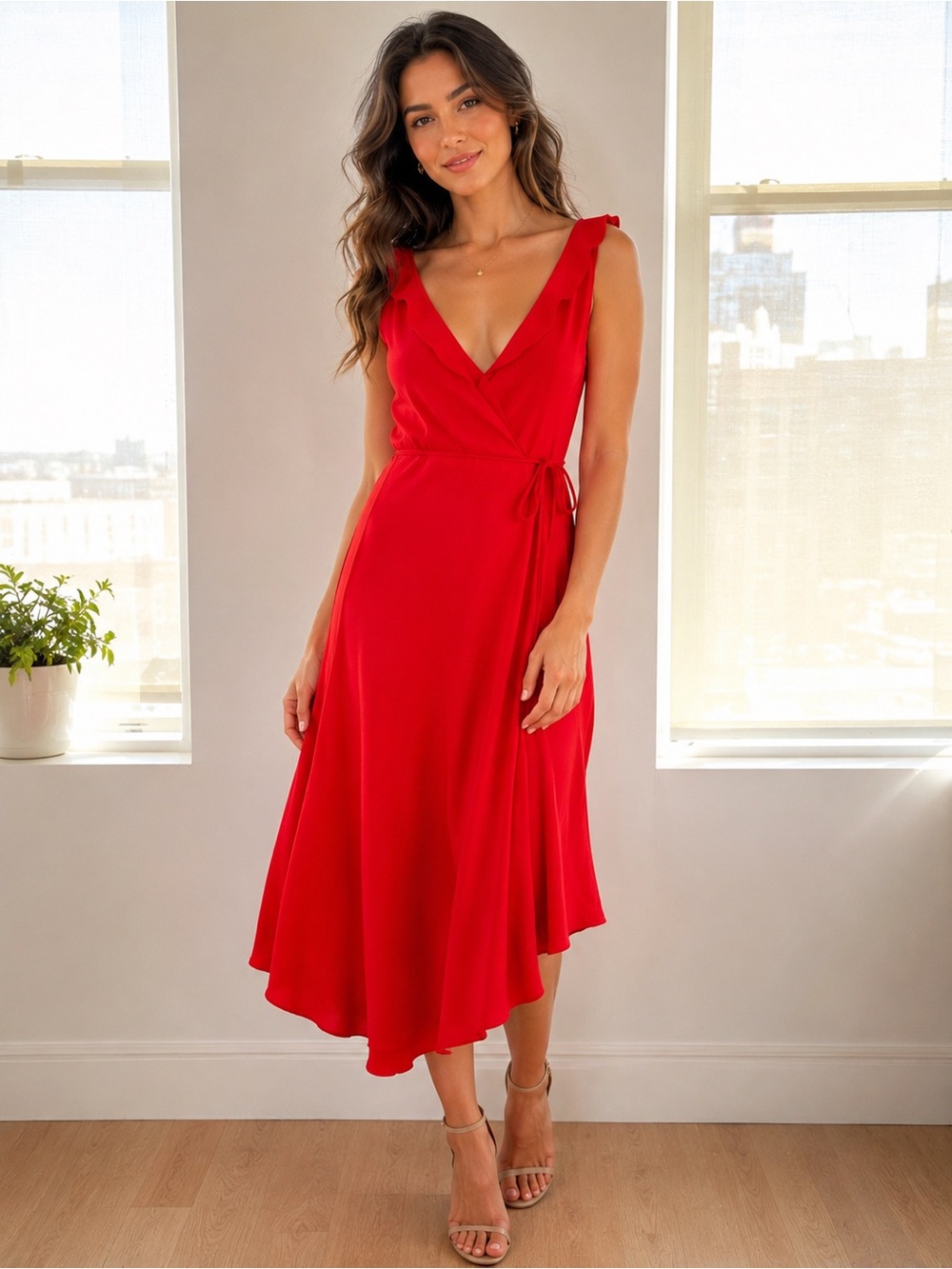 GorgeousWrap Midi Dress V-Neck Tie Waist Feminine & Flowy